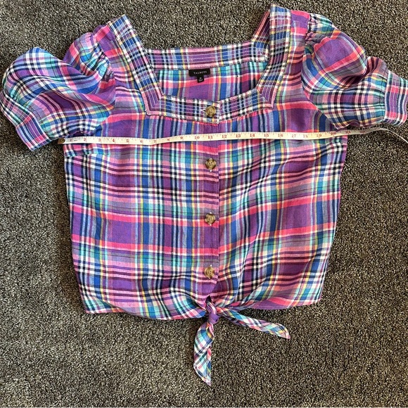Talbots popsicle plaid linen waist tie square neck blouse - Picture 6 of 7